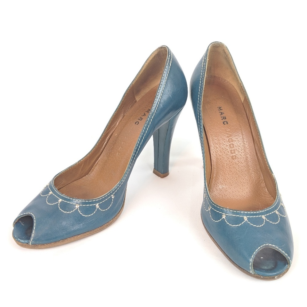 MARC JACOBS Teal Leather Peep Toe Studded Pumps